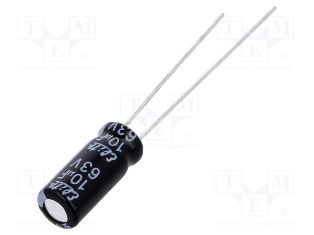 Capacitor: electrolytic; THT; 10uF; 63VDC; Ø5x11mm; Pitch: 2mm; ±20%