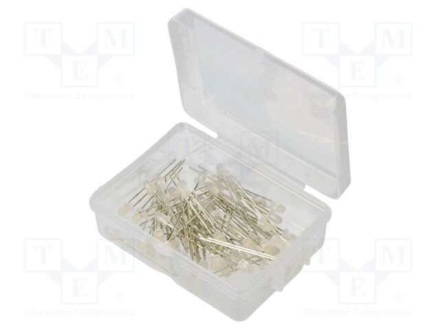 Kit: LED; 3mm; THT; 50pcs; white warm; 3÷15V; plastic box; 7.5mA; 40°