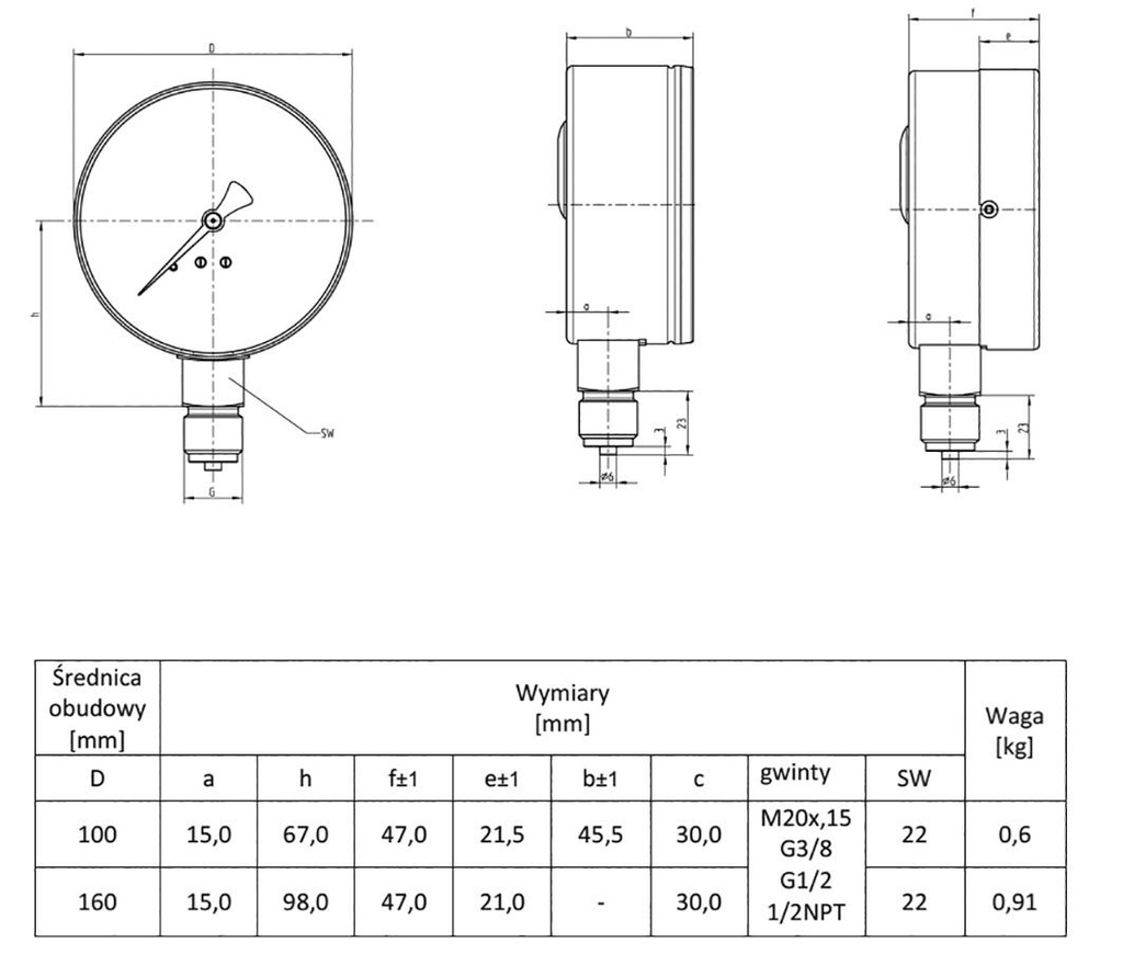 Manometer; 0÷40bar; Class: 1.6; 160mm; IP54; steel; 111.22; max200°C