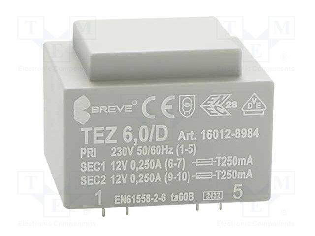 Transformer: encapsulated; 6VA; 230VAC; 12V; 12V; 250mA; 250mA; IP00