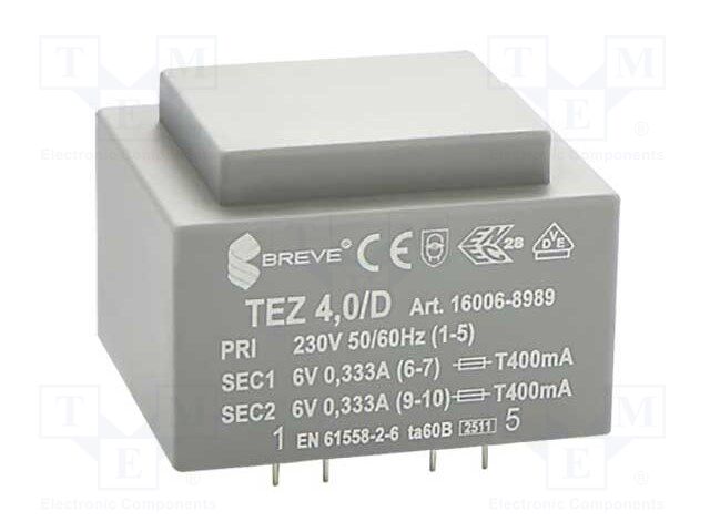 Transformer: encapsulated; 4VA; 230VAC; 6V; 6V; 333.3mA; 333.3mA