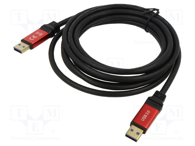 Cable; USB A plug,both sides; gold-plated; 3m; black; Cu; metal