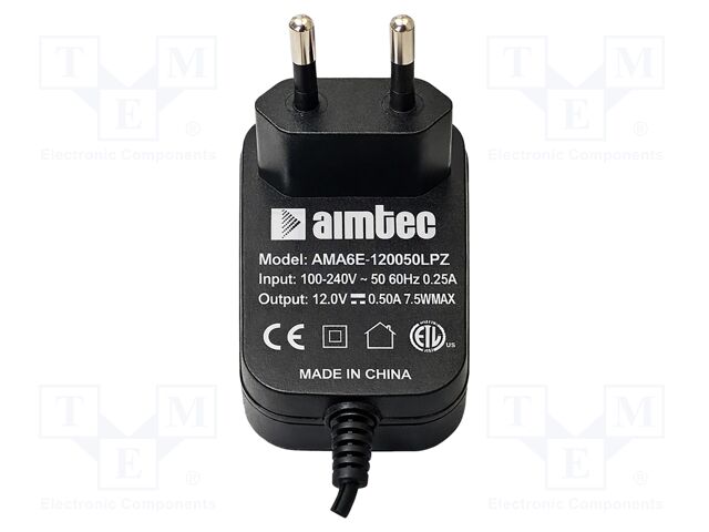 Power supply: switching; mains,plug-in; 12VDC; 500mA; 6W; 75%