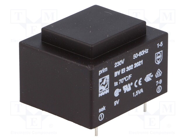 Transformer: encapsulated; 1.5VA; 230VAC; 9V; 166mA; Mounting: PCB
