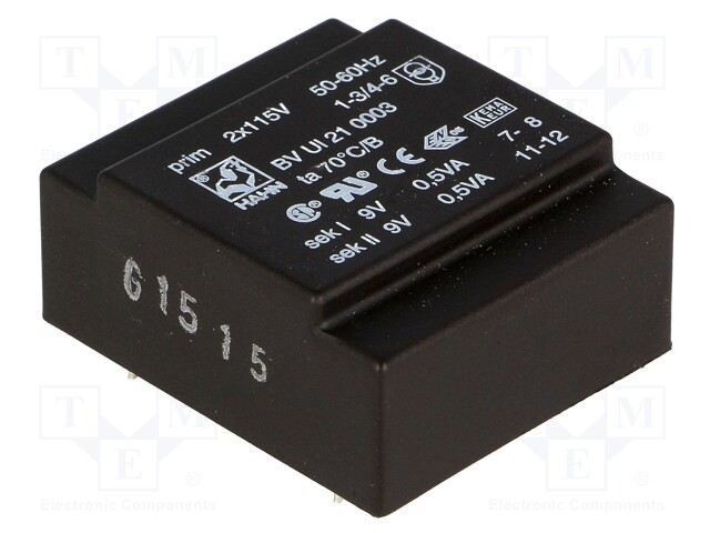 Transformer: encapsulated; 1VA; 115/115VAC; 9V; 9V; 56mA; 56mA; 50g