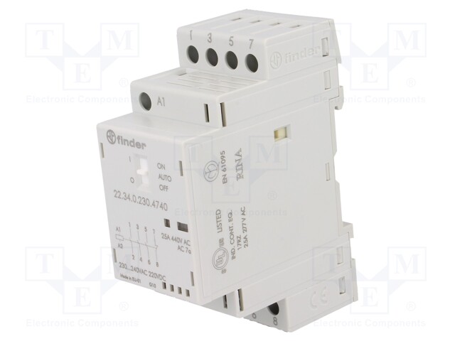 Relay: installation; monostable; NC + NO x3; Ucoil: 230VAC; 25A