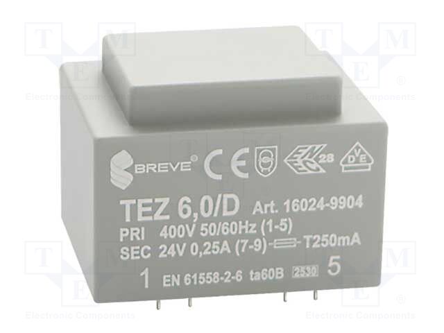 Transformer: encapsulated; 6VA; 400VAC; 24V; 250mA; Mounting: PCB