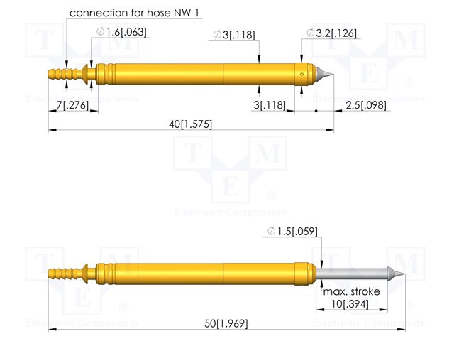 Test needle; Spring compression: 6mm; 10mm; 10A; steel; Ø: 2mm; 1.1N