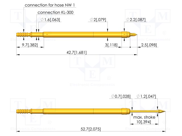 Test needle; Spring compression: 6mm; 10mm; 1A; steel; gold-plated