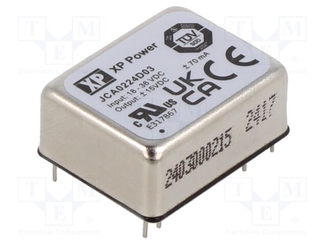 Isolated Board Mount DC/DC Converter, 2:1 Input, ITE, 2 Output, 2 W, 15 V, 70 mA, -15 V