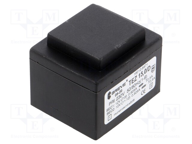 Transformer: encapsulated; 15VA; 230VAC; 12V; 12V; 625mA; 625mA