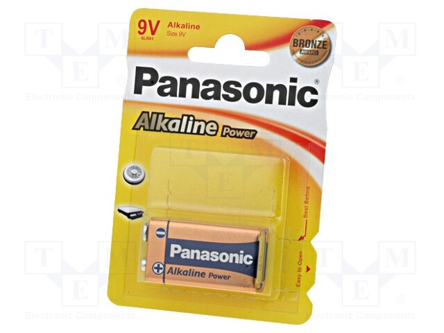 Battery: alkaline; 9V; 6F22; BRONZE; Batt.no: 1; non-rechargeable