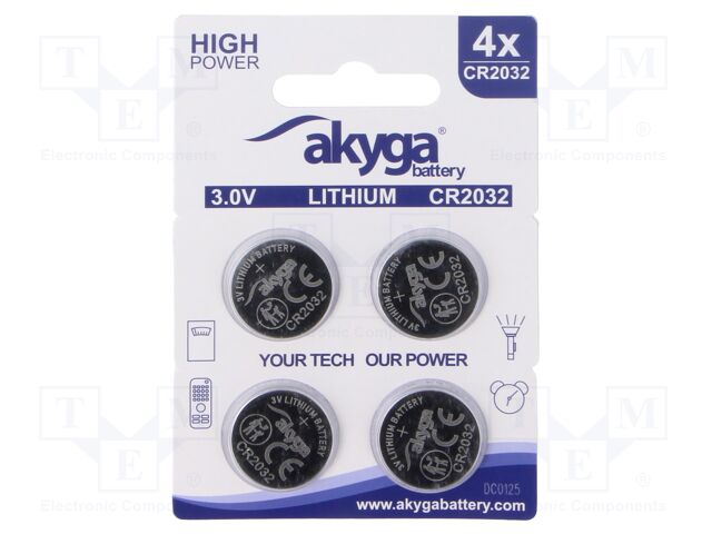 Battery: lithium; CR2032,coin; 3V; 210mAh; non-rechargeable; 4pcs.