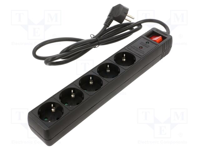 Plug socket strip: protective; Sockets: 5; 250VAC; 16A; black