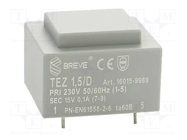 Transformer: encapsulated; 1.5VA; 230VAC; 15V; 100mA; Mounting: PCB