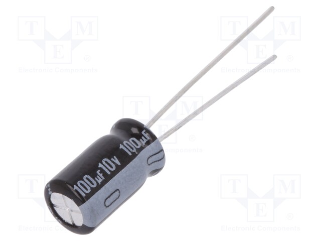 Capacitor: electrolytic; THT; 100uF; 10VDC; Ø6.3x11mm; Pitch: 2.5mm