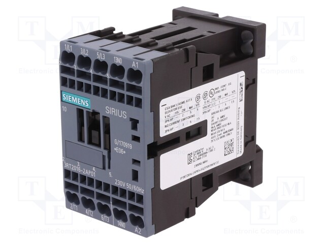 Contactor: 3-pole; NO x3; Auxiliary contacts: NO; 230VAC; 9A; 3RT20