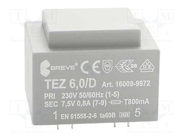 Transformer: encapsulated; 6VA; 230VAC; 7.5V; 800mA; 800mA; IP00