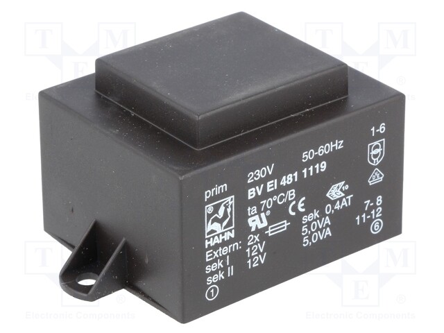 Transformer: encapsulated; 10VA; 230VAC; 12V; 12V; 417mA; 417mA
