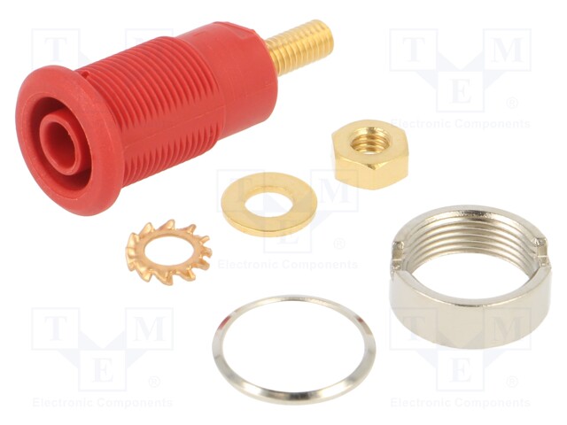 Socket; 4mm banana; 32A; red; gold-plated; Overall len: 33mm