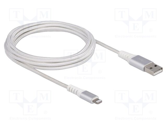 Cable; USB 2.0; Apple Lightning plug,USB A plug; 3m; white; 3A