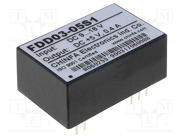 Converter: DC/DC; 2W; Uin: 9÷18V; 5VDC; Iout: 400mA; Efficiency: 63%