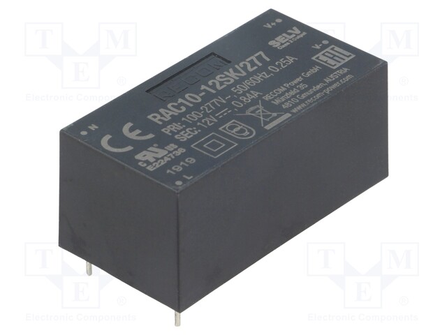 Converter: AC/DC; 10W; Uout: 12VDC; Iout: 840mA; 84%; Mounting: PCB