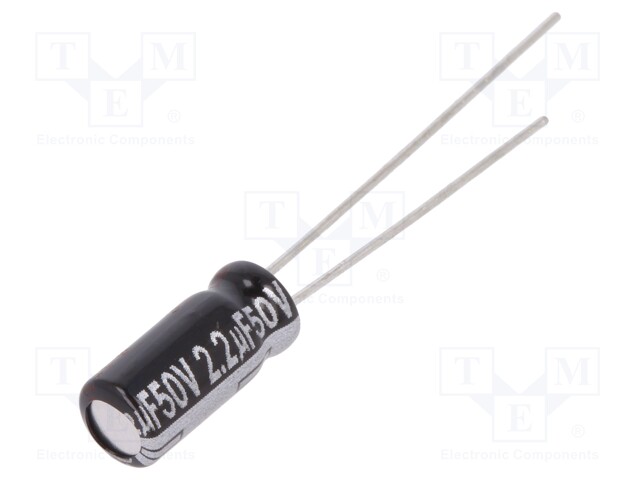 Capacitor: electrolytic; THT; 2.2uF; 50VDC; Ø5x11mm; Pitch: 2mm