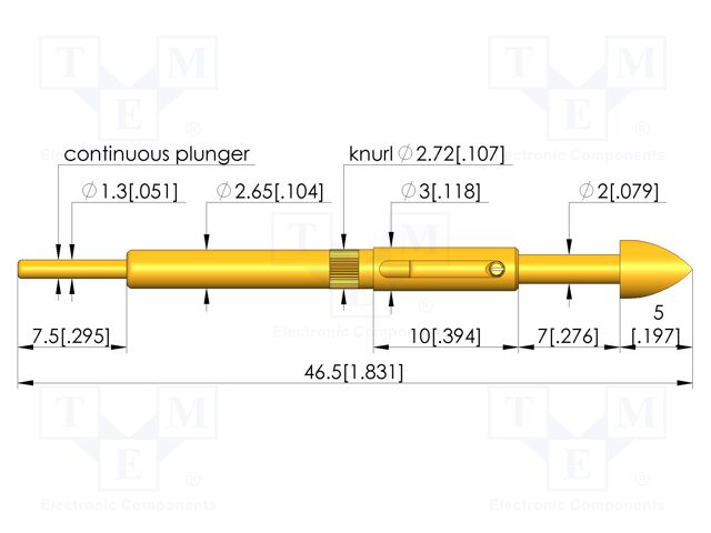Test needle; Spring compression: 4mm; 5mm; 8A; steel; gold-plated