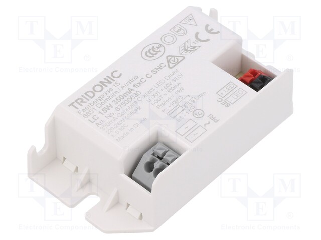 Power supply: switched-mode; LED; 15W; 30÷42.8VDC; 350mA; IP20