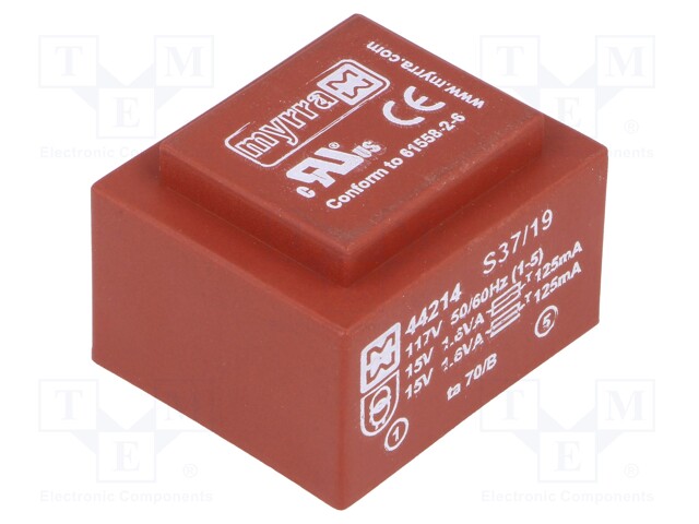 Transformer: encapsulated; 3.2VA; 117VAC; 15V; 15V; 107mA; 107mA