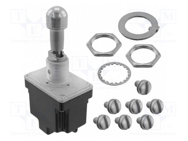 Switch: toggle; Pos: 3; DP3T; (ON)-OFF-ON; 6A/230VAC; 18A/28VDC