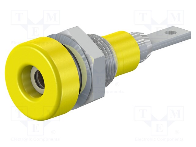 Socket; 2mm banana; 10A; 23mm; yellow; soldered,on panel; 60VDC