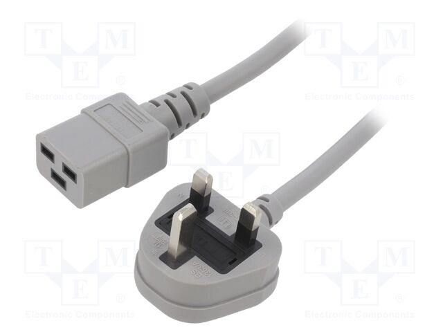 Cable; 3x1.5mm2; BS 1363 (G) plug,IEC C19 female; PVC; 1m; grey