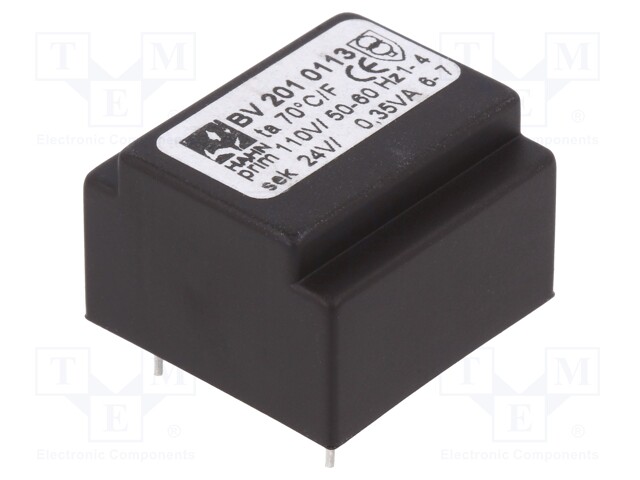 Transformer: encapsulated; 0.35VA; 110VAC; 24V; 15mA; Mounting: PCB