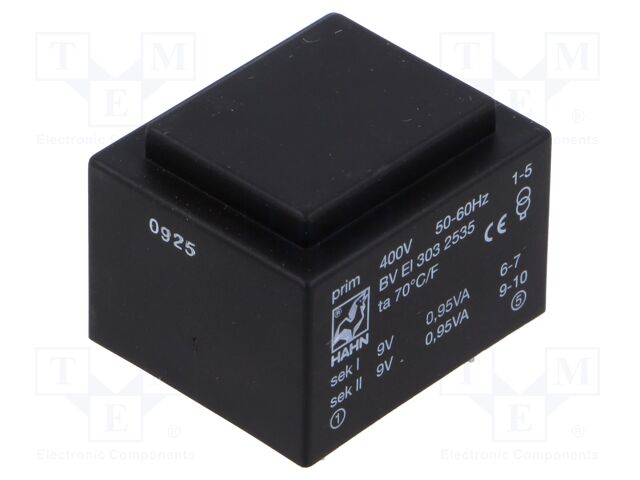 Transformer: encapsulated; 1.9VA; 400VAC; 9V; 9V; 105mA; 105mA; 81g