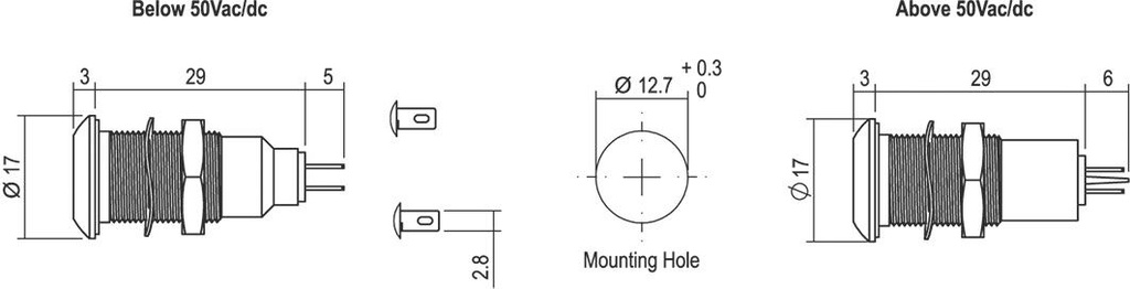 Indicator: LED; flat; 110VAC; Cutout: Ø12.7mm; IP67; Body: silver