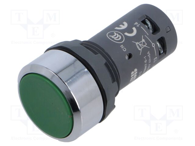 Switch: push-button; 22mm; Stabl.pos: 1; NC + NO; green; none; flat