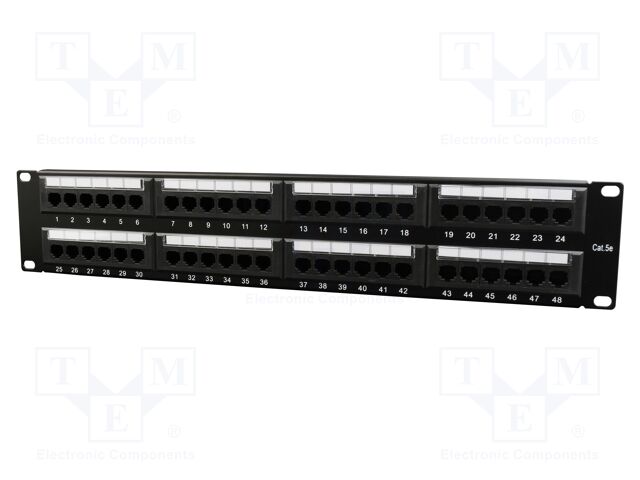 Patch panel; black; Number of ports: 48; Cat: 5e; RJ45 socket x48