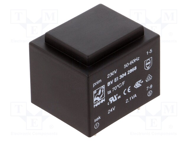 Transformer: encapsulated; 2.1VA; 230VAC; 24V; 88mA; Mounting: PCB