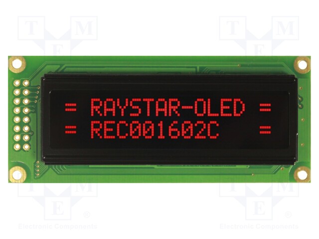 Display: OLED; alphanumeric; 16x2; Dim: 85x36x10mm; red; PIN: 16