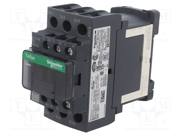 Contactor, 38 A, DIN Rail, Panel, 690 VAC, 3PST-NO, 3 Pole, 18.5 kW
