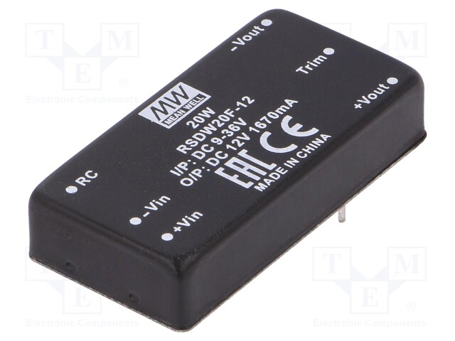 Converter: DC/DC; 20W; Uin: 9÷36V; 12VDC; Iout: 1670mA; 2"x1",DIP