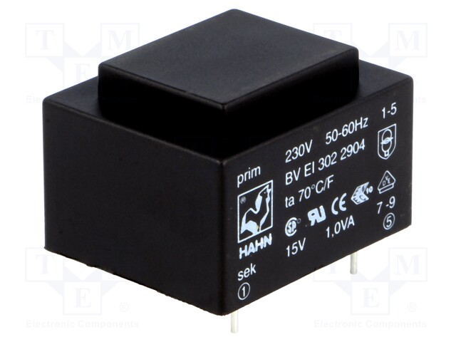 Transformer: encapsulated; 1VA; 230VAC; 15V; 67mA; Mounting: PCB