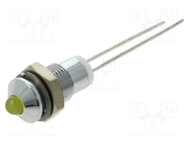 Indicator: LED; prominent; yellow; 2.1VDC; Ø6mm; 2pin; metal