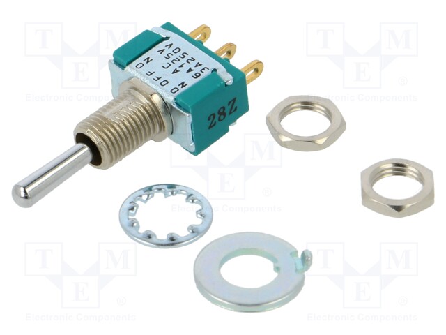 Switch: toggle; Pos: 3; SPDT; (ON)-OFF-(ON); 3A/250VAC; 4A/28VDC