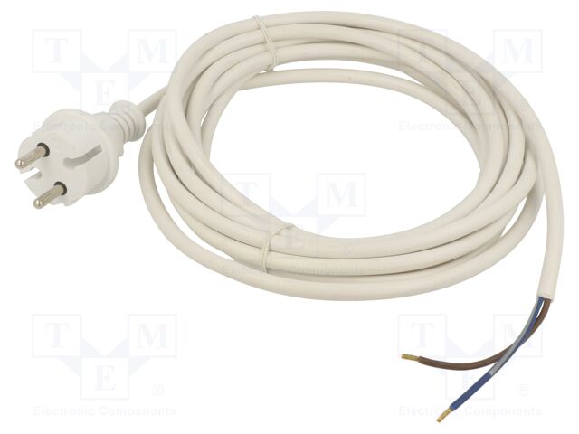 Cable; CEE 7/17 (C) plug,wires; PVC; 5m; white; 2x1,5mm2; 16A; 250V