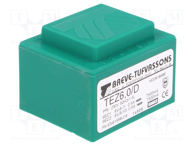 Transformer: encapsulated; 6VA; 230VAC; 6V; 6V; 500mA; 500mA; IP00