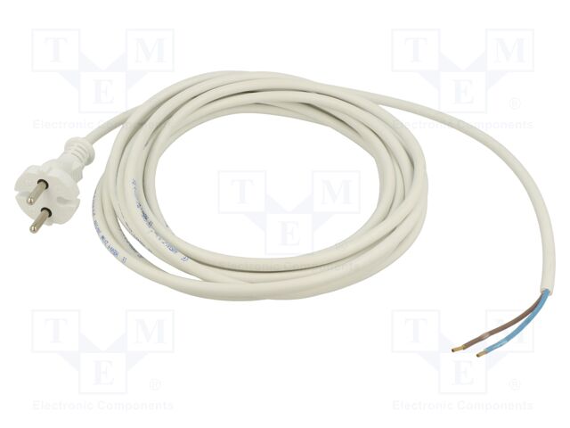 Cable; CEE 7/17 (C) plug,wires; PVC; 5m; white; 2x1mm2; 16A; 250V