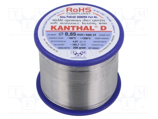 Resistance wire; 4.07Ω/m; -100÷1300°C; 0.25kg; Øout: 0.65mm; 23SWG